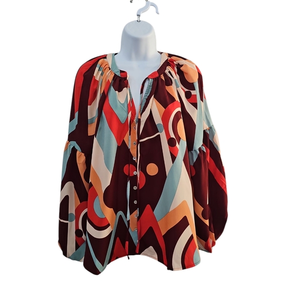 New Anthropologie Womens Geometric Print Top Size S Blue Red Artsy Boho Hippie - Picture 5 of 5